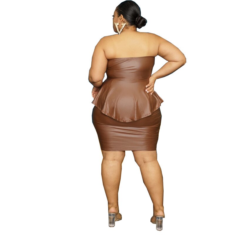 Aovica Plus Size PU Leather  Two Pieces Set Strapless Long Top Bodycon Mini Skirt Night Club Party Female Outfits 2023 Fashion Wear