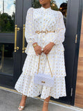 Aovica 2023 Chic Women Dresses Printing Long Sleeve Ball Gowns French Style Mid Length Chiffon White Dress Elegant Ladies Fall Fashion