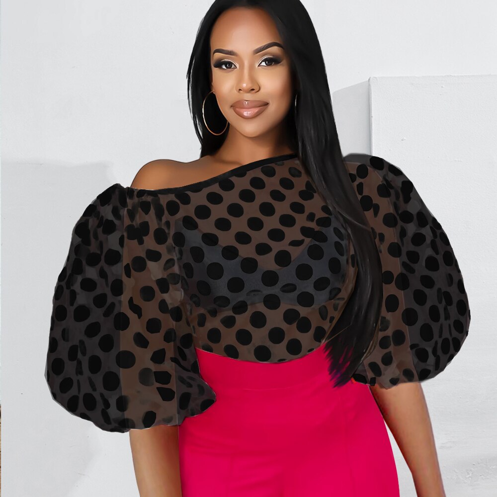 Aovica Elegant Women Blouse Tops Transparent Polka Dots See Through Puff Sleeve Large Size Shirts 2023 Fashion Blouses Party Club Wear
