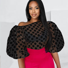 Aovica Elegant Women Blouse Tops Transparent Polka Dots See Through Puff Sleeve Large Size Shirts 2023 Fashion Blouses Party Club Wear