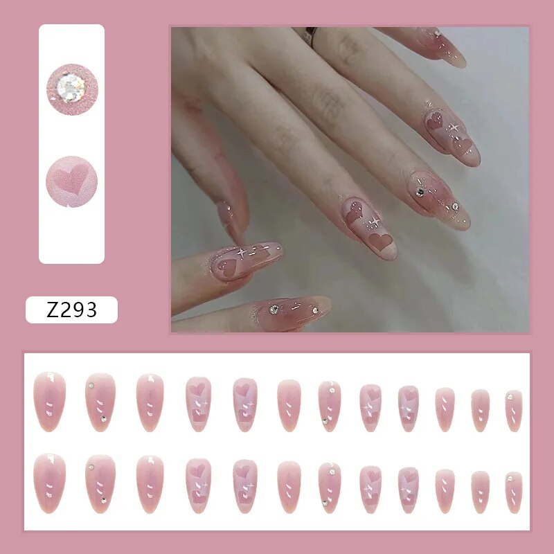 Aovica- 24Pcs Oval Head False Nails Pink Almond Artificial Fake Nails Full Cover Nail Tips Press On Nails DIY Manicure Tools