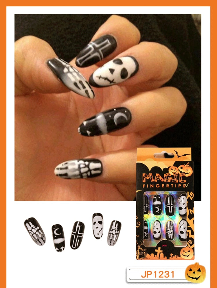 Christmas Aovica False Nails Press On Set Almond Black Ghost Design Long Fake Nail Pumpkin Pressure Decorated Adhesive Nail Tips 24Pcs