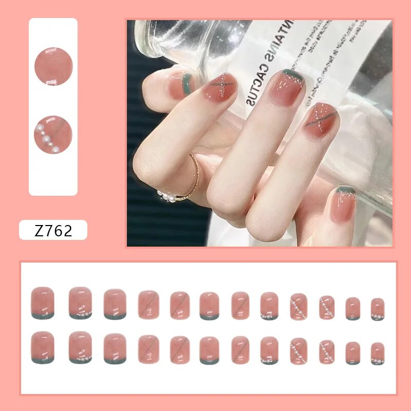 Aovica- 24pcs/Box Gradient Nail Art Patches False Nails Short Square Nail Blue Starry Glitter Teardrop Diamond Fake Nail Tips