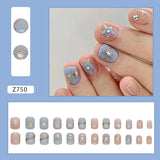 Aovica- 24pcs/Box Gradient Nail Art Patches False Nails Short Square Nail Blue Starry Glitter Teardrop Diamond Fake Nail Tips