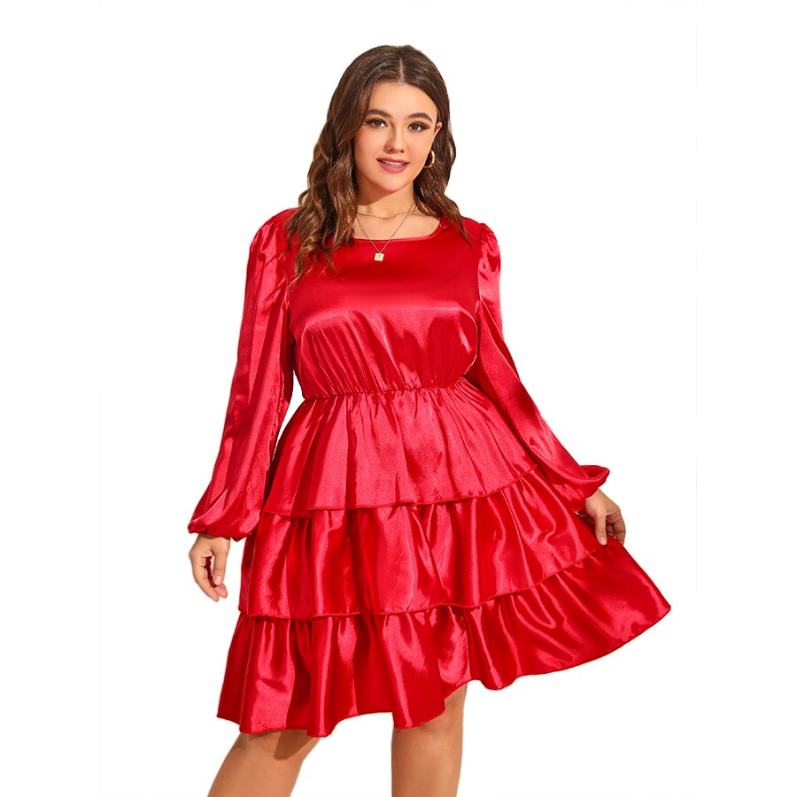 Aovica Layered Dress Plus Size Women's High Waist Christmas Dress Lantern Sleeve Elegant Evening Dresses