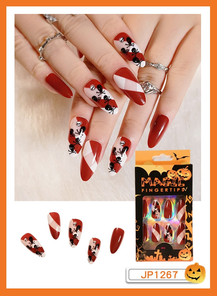 Christmas Aovica False Nails Press On Set Almond Black Ghost Design Long Fake Nail Pumpkin Pressure Decorated Adhesive Nail Tips 24Pcs