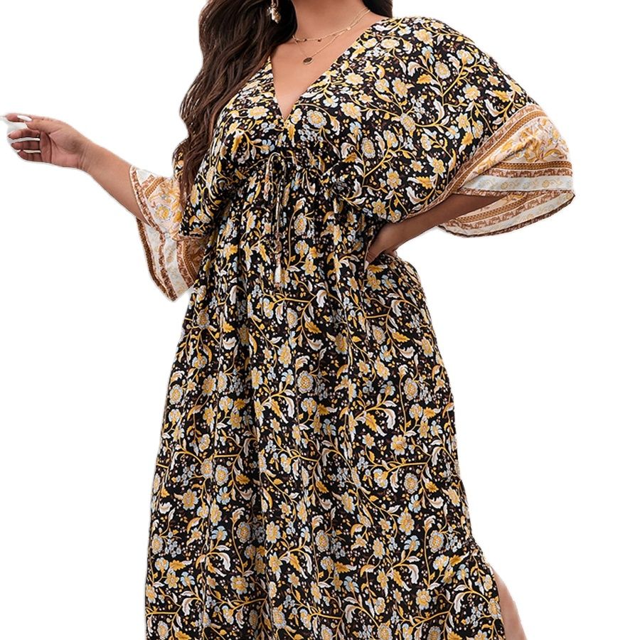 Aovica Plus Size Women Dress Retro Floral Print Deep V-Neck Split Thigh Dress  High Waist Maxi Dresses Free Shipping 4XL