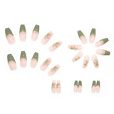 Aovica- 24pcs/box Press On False Nails Green Camellia Nail Art Wearable Point Drill Fake Nails Heart Tips With Wearing Tools