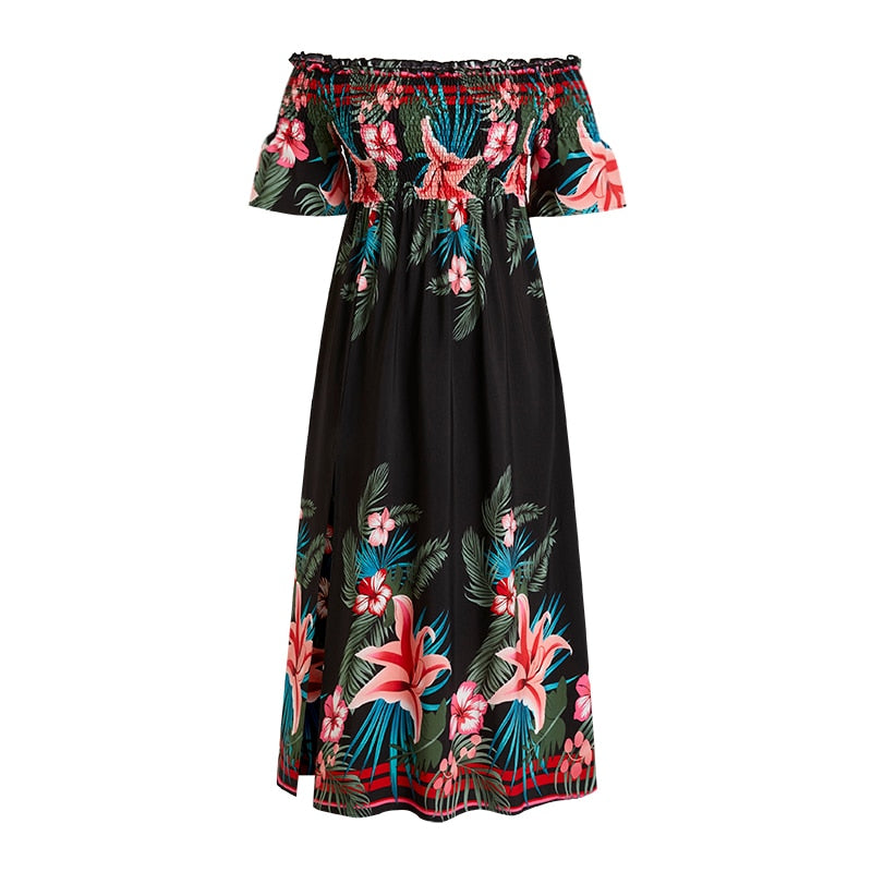 Aovica Plus Size Women Tropical Print Off Shoulder Shirred Split Thigh Even Dress Summer High Waist  Maxi Dress Robe