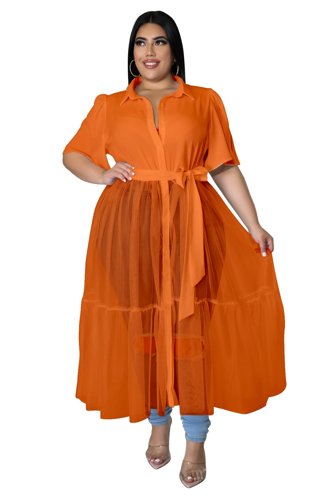 Plus Size Women Clothing Patchwork Mesh Long Dresses Fashion V Neck Blouse Dresses 2023 Summer Party Gowns Outfit Wholesale