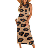 Aovica Early Autumn New Elegant Leopard Print Summer Dress for Women Fashion Sleeveless Maxi Long Sundress Holiday Baggy Vest Dresses Female