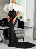 Aovica- Women Long Party Dress Off Shoulder Ruffle White Black Contrast Color Maxi African Female Event Prom Evening Celebrate Night Out