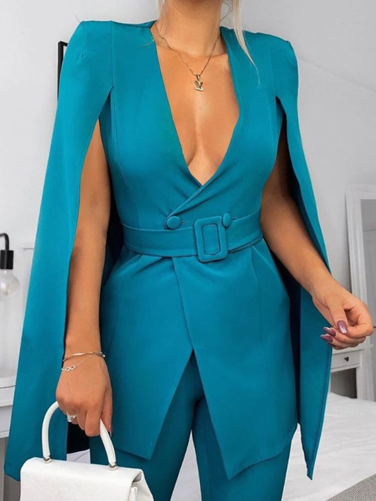 Aovica Elegant Fashion Blazer Women Long Sleeve Lapel Cape Split Poncho Office Lady Cloak Jacket Notched Coat for Party Dinner Workwear