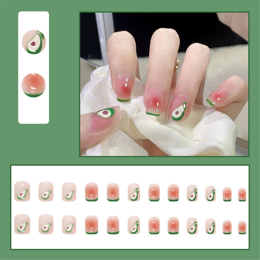 Aovica  Summer Lemon False Nails With Designs French Square Head Short Fake Nails Press On Nails Watermelon Nail Tips Beauty Manicure