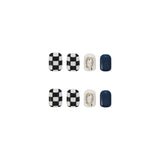 Aovica- 24pcs/box Detachable Fake Nails Set Black Checkerboard Full Nail Art Tips Short Square Artificial False Nails Tips