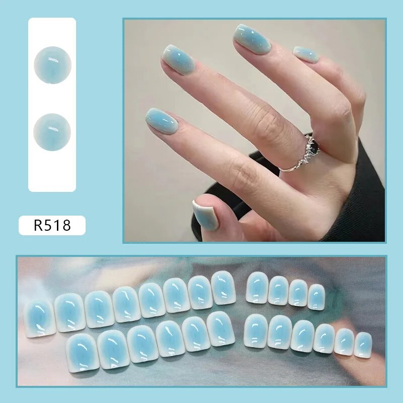 Aovica- Short Square Gradient Nails Wearable Removable Finished False Nail Sky Blue Fake Nail 24pcss Per Pack With Wearing Tool
