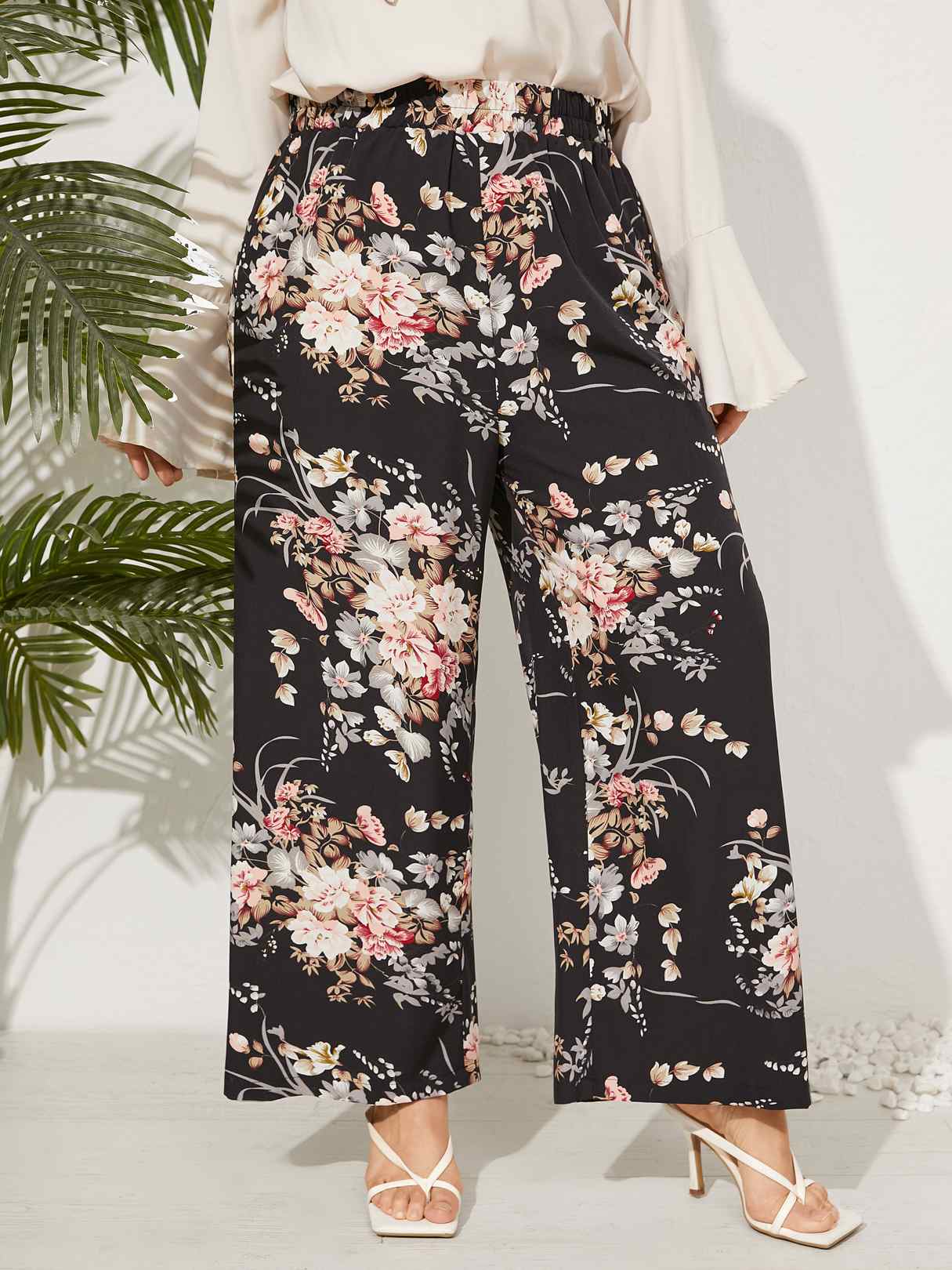 Aovica Plus Size Long Pants Women Summer High Waist Bohemian Flower Printed Wide Leg Pants 2022 Casual Vintage Holiday Trousers