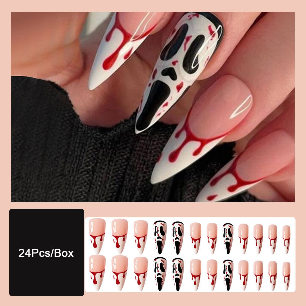 Aovica  Christmas Stiletto Fake Nail Tips With Design Screaming Grimace False Nails French Pointed Cosplay Party Nails Set Press On Nail