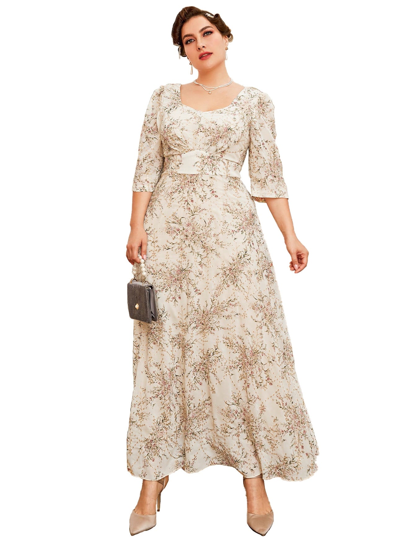 Plus Size Women's Dress Fashion Waist Middle Sleeve Square Neck Print Dress Casual Loose Elegant Dress Large Women