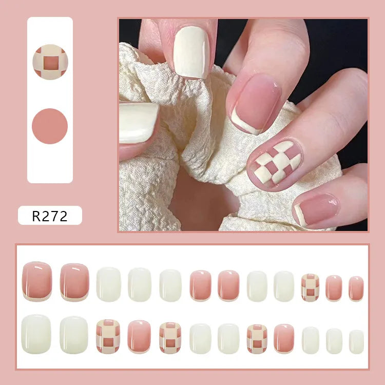 Aovica- 24Pcs Short Square False Nail With Sticker Pink White Lattice Classic Artificial Fake Nails DIY Full Cover Tips Manicure Tool