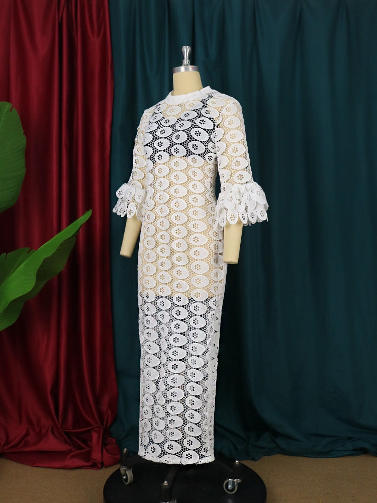 Aovica African Women Dresses Dashiki Elegant Maxi Long White Lace Hollow Out Muslim Fashion Abayas Robe Abaya Dubai Luxe Party Clothes