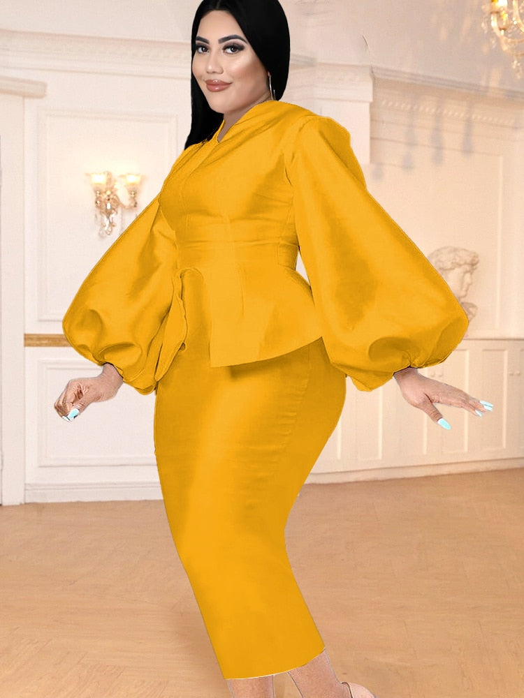 Aovica Aovica Yellow Dresses Midi Length Long Lantern Sleeve Bodycon Plus Size Dress for Womne Birthday Evening Cocktail Party Gowns Outfits