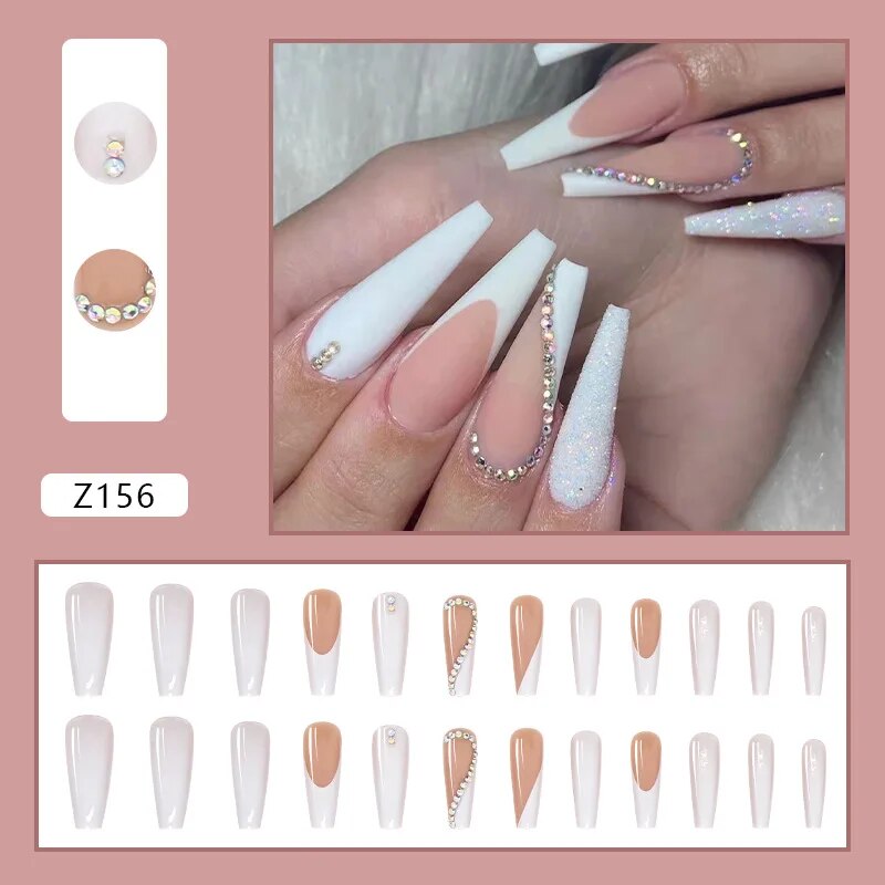 Aovica- 24pcs White Small Diamonds Detachable Long Ballerina False Nails With Design Wearable Fake Nails Full Cover Nail Tips
