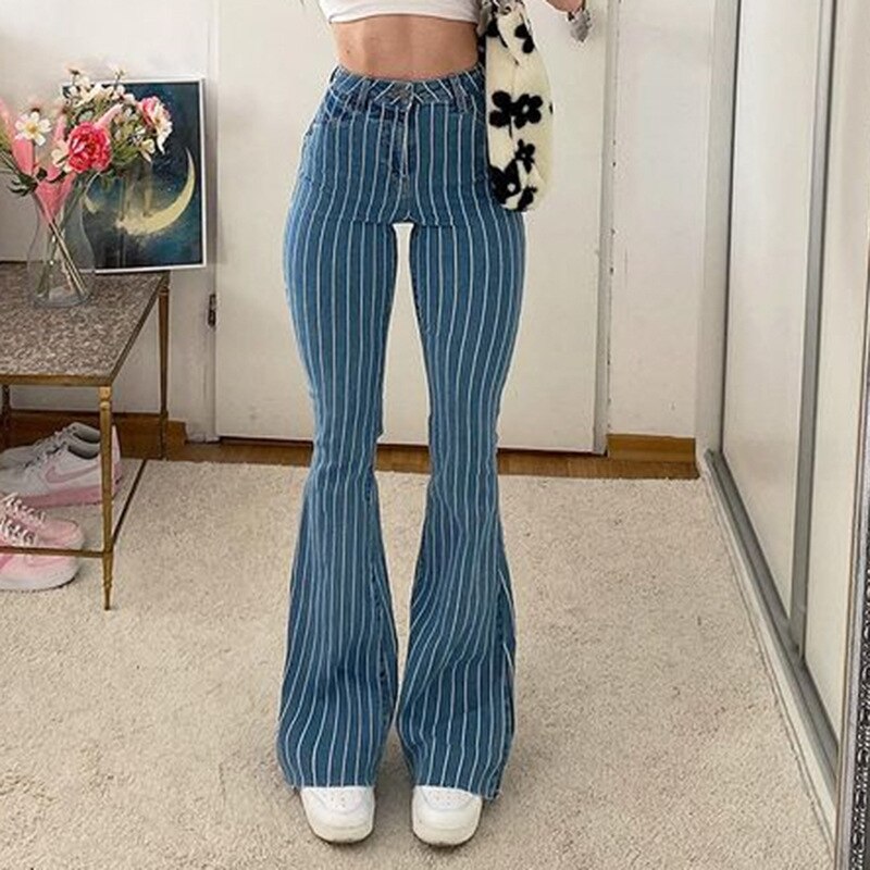 Graduation dress Summer Women Jeans Pants Long Causal Streetwear Bottom Stripe Print Trousers Clothing Female High Waist Flared Wide Leg Pants