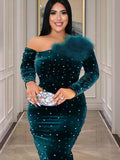 Aovica Cocktail Party Dresses Plus Size 4XL Dark Green Women Cold Shoulder Long Sleeve Bodycon Sequins Velvet Gowns Outfits Christmas