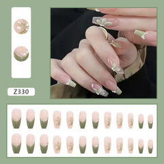 Aovica- 24pcs/box Press On False Nails Green Camellia Nail Art Wearable Point Drill Fake Nails Heart Tips With Wearing Tools