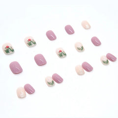 Aovica- 24pcs/box Press On False Nails Cute Nail Short Square Purple Flower Art Wearable Fake Nails With Wearing Tools As Gift