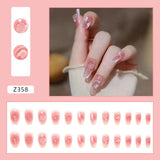 Aovica- 24pcs/box Press On False Nails Flower Pearl Nail Art Wearable Point Drill Fake Nails Short Ballet Tips With Wearing Tools