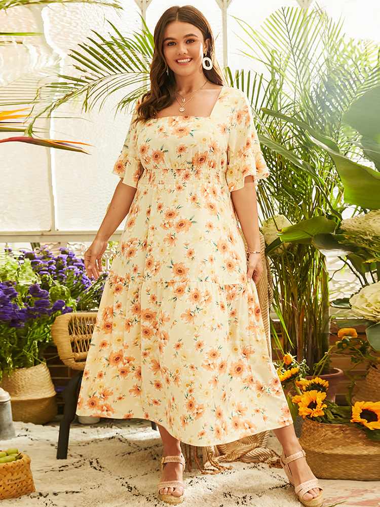 Aovica Plus Size 4XL Women Long Dress 2022 Summer Short Sleeve Square Sleeve Flower Printed Bohemian Beach Vestidos Party Robe