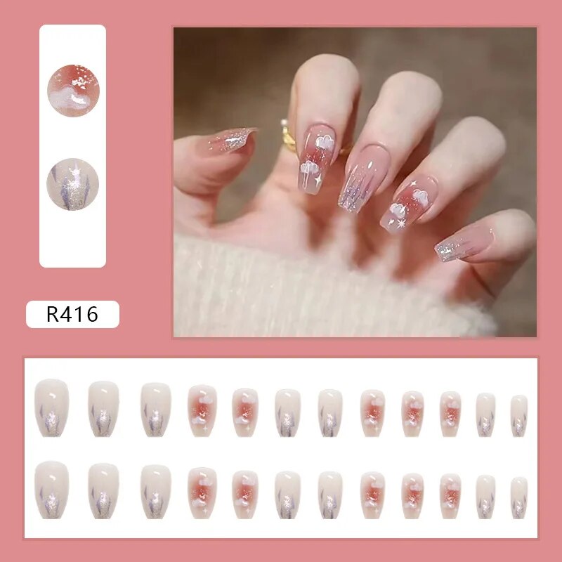 Aovica- Bling Short Ballerina Coffin False Nails Clouds Press On Salon Party Wear Nail Tips With Wearing Tool