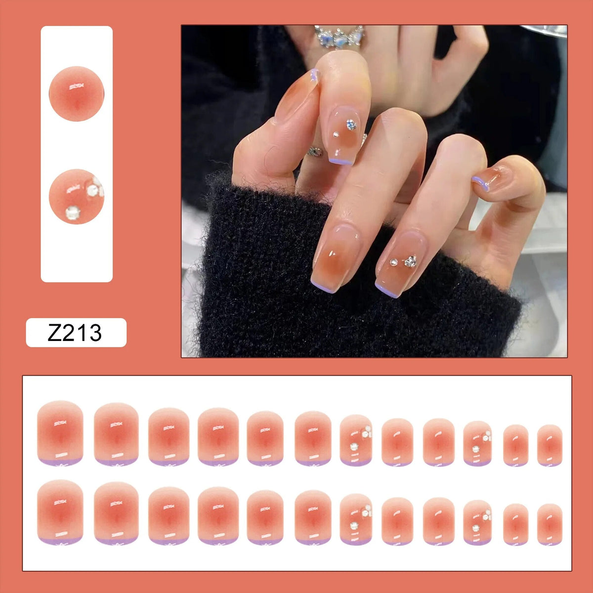 Aovica- 24Pcs/Box Square Head False Nails Blush Diamond Short Fake Nails Full Cover Press On Nail Tips Manicure Tool