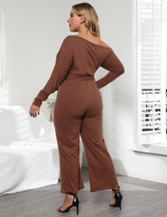 Plus Size Jumpsuit Women Casual Straps Irregular Sloping Shoulder Long Sleeve Jumpsuit Large Size Fashion Solid Color Jumpsuit