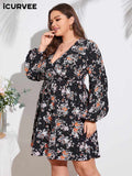 Aovica Plus Size Summer Dress 2023 Women Flower Printed Bohemian Beach Robe Femme Long Lantern Sleeve V Neck  Mini Sundress