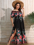 Aovica Plus Size Women Tropical Print Off Shoulder Shirred Split Thigh Even Dress Summer High Waist  Maxi Dress Robe