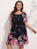 Aovica Allover Floral Print Shirred Midi Dress Plus Size Lantern Sleeve High Waist Dresses For Women 2023 Summer