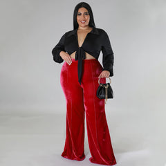 Aovica Plus Size Velvet High Waist Full Length Flare Pants Fashion Elegant Christmas Women Bottoms Autumn Winter Streetwear Casual Wear