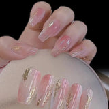 Aovica- Pink Simple Gradient Detachable Coffin False Nails Wearable Gold Foil Sequins Fake Nails Full Cover Nail Tips Press On Nails