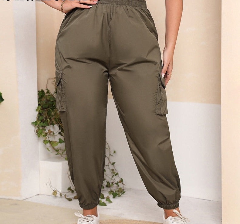 Aovica Plus Size Army Green Pockets Patchwork Cargo Pant 4XL Women Streetwear Elastic Waist Loose Baggy Wide Leg Joggers Harem Trousers