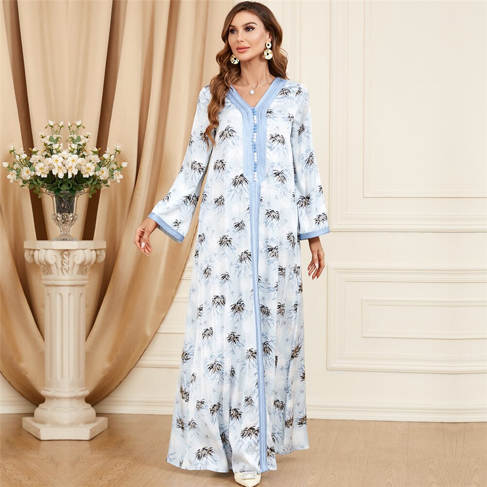 spring dresses for women 2023 Casual  Plant Printing Modest Dress Vintage Lace Tape V-Neck Robe Muslim Abaya Ramadan Dresses