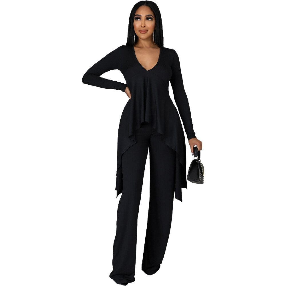Aovica Two Piece Set Women Spring Autumn New Solid Color V-Neck Long Sleeve Irregular T-shirt Top And Stright Long Pants Trousers Suits
