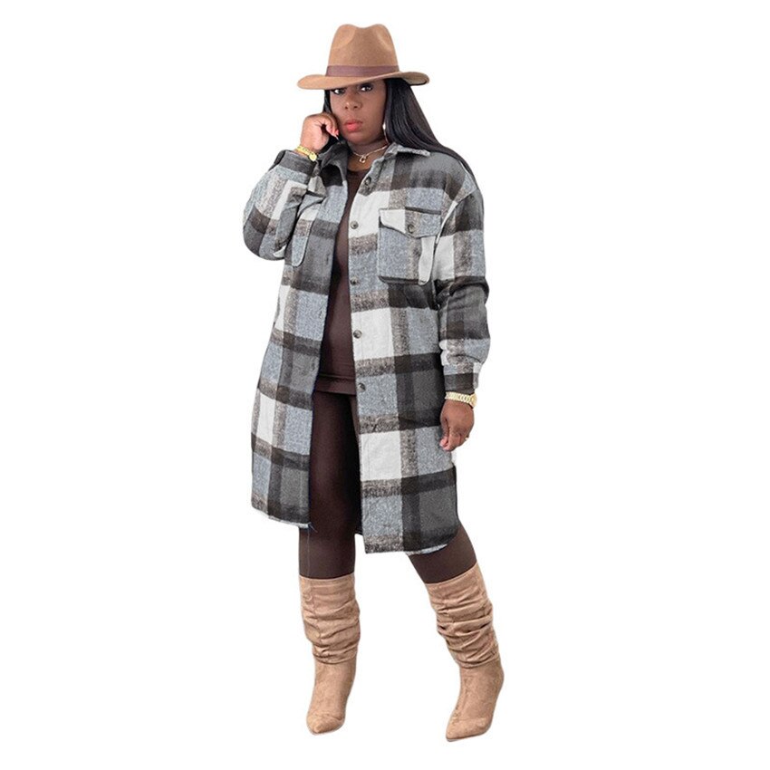CYDNEE Autumn Winter Women Checked Jacket Casual Turn Down Collar Plaid Female Blends Warm Overcoat Tweed Long Trench Coat
