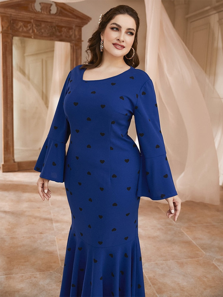 Aovica Plus Size Women Chic And Elegant Maxi Dress 2023 Autumn Long Sleeve Oversize Clothing With Love Print Blue Draped Outfits