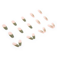 Aovica- 24pcs/box Press On False Nails Green Camellia Nail Art Wearable Point Drill Fake Nails Heart Tips With Wearing Tools