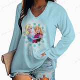 Aovica Disney Princess Autumn Women's Fashion Casual Long Sleeve Daily V Neck Oversized Top Elegant Temperament Pullover Loose Size Tee