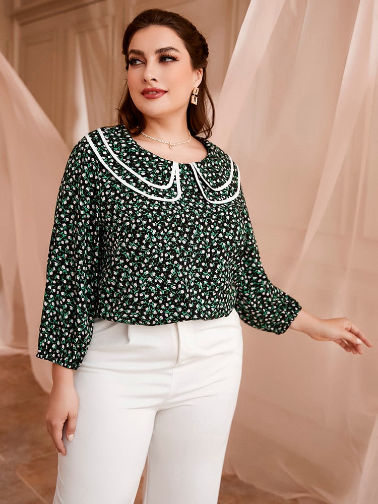 Aovica Women Casual Plus Size Blouse Floral Printing Shirt Long Sleeves 2023 Summer Office Lady Large Outfits Draped Clothing