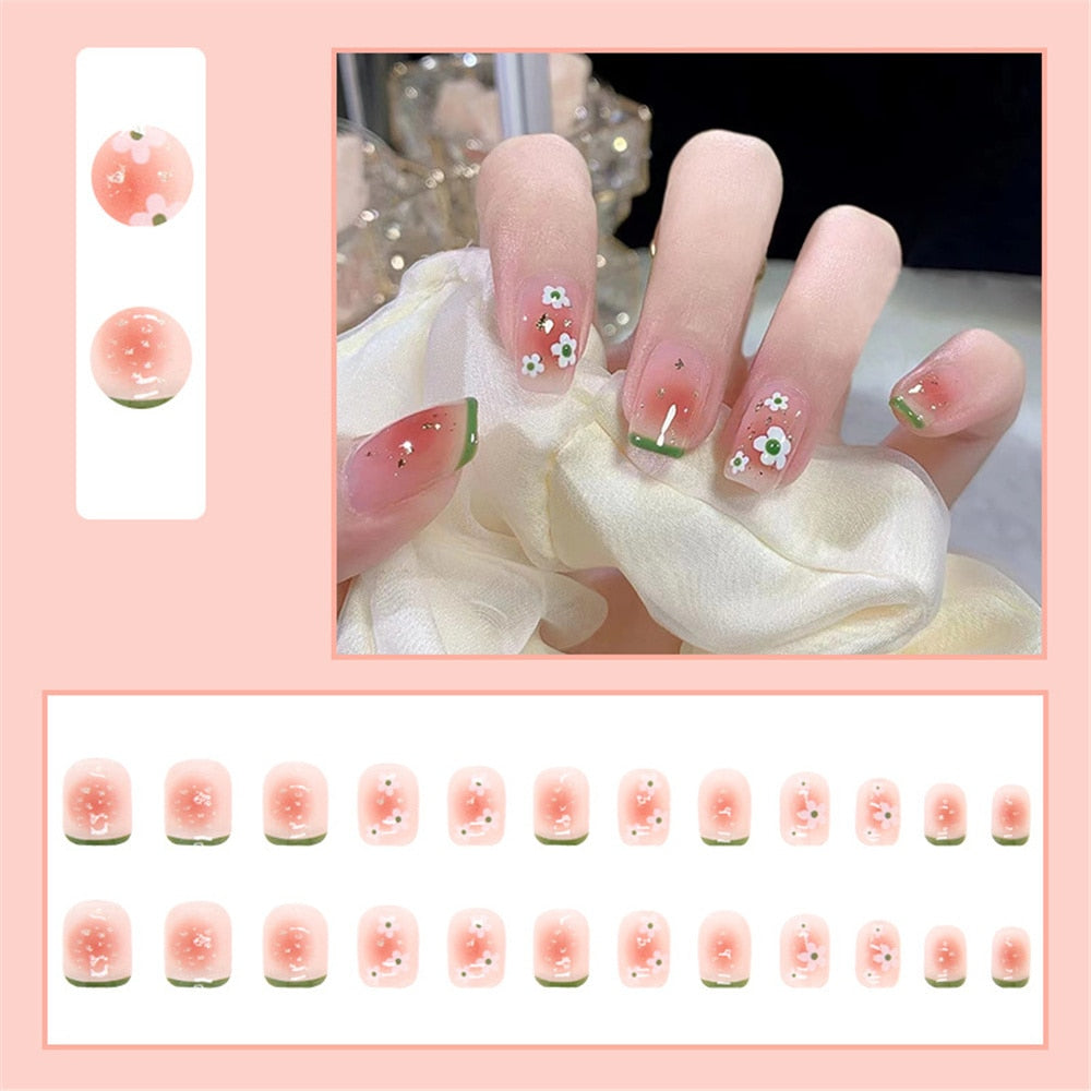 Aovica  Summer Lemon False Nails With Designs French Square Head Short Fake Nails Press On Nails Watermelon Nail Tips Beauty Manicure